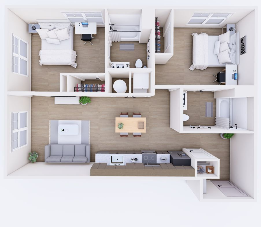 Floor plan of an apartment with two bedrooms, living area, kitchen, and two bathrooms.