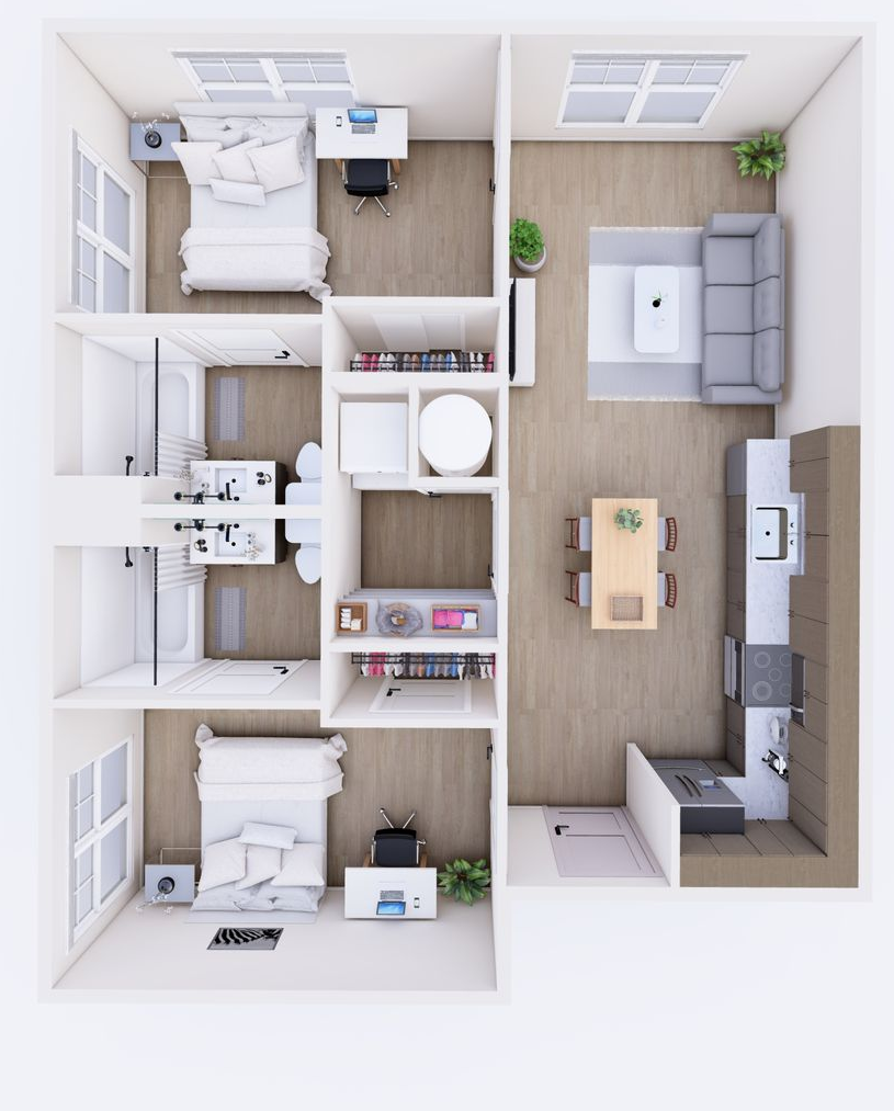 Floor plan of a two-bedroom apartment. Includes living area, kitchen, bathroom, and laundry.