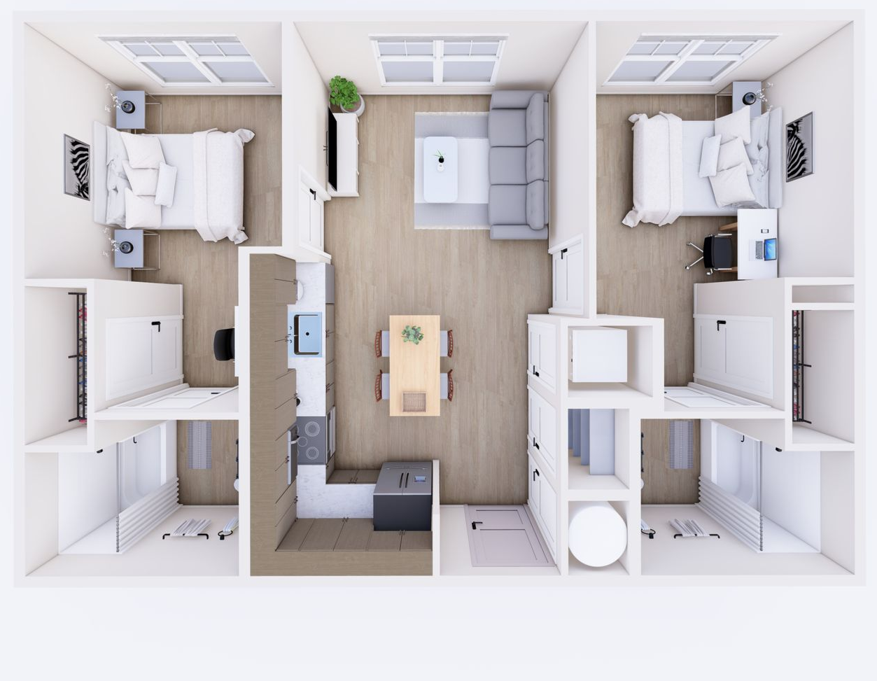 Top-down view of a modern two-unit apartment layout with bedrooms, living areas, and kitchens in neutral tones.