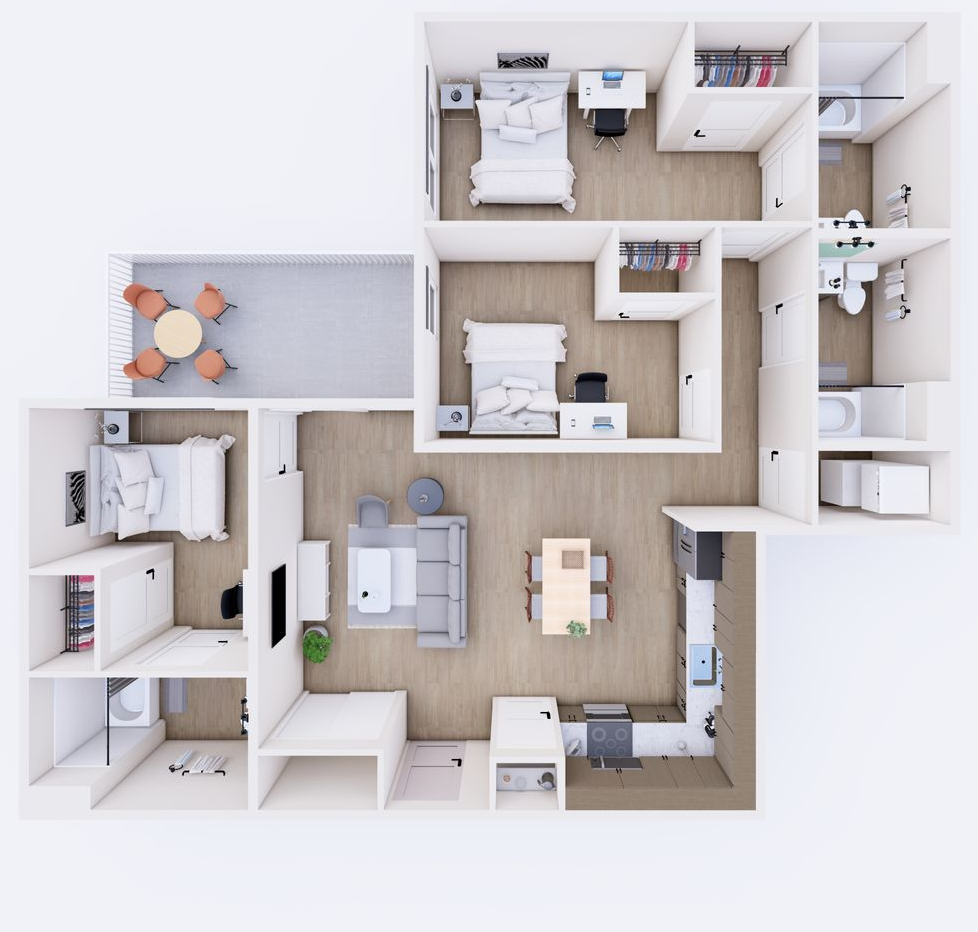 Floor plan of an apartment with a kitchen, living room, dining area, three bedrooms, and a patio.