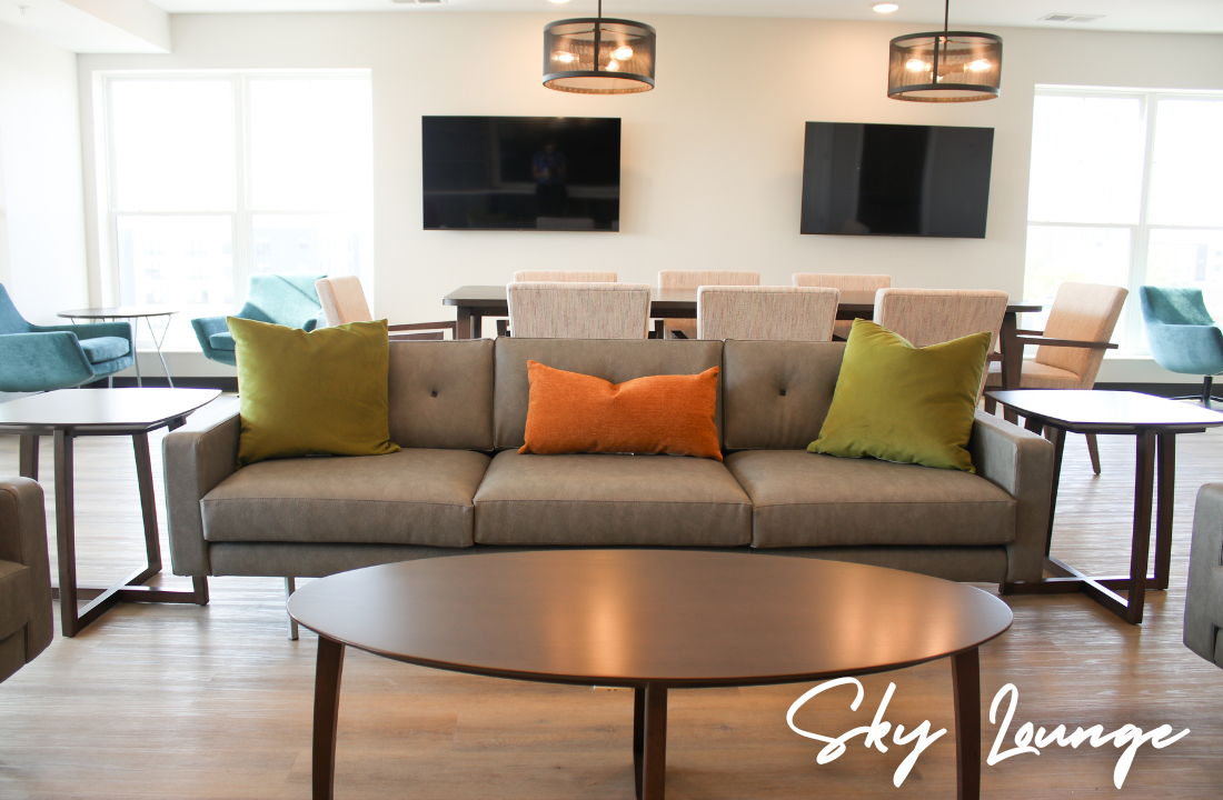 Lounge area with gray sofa, colorful pillows, and large TVs. Includes a long table and chairs with side tables and windows.