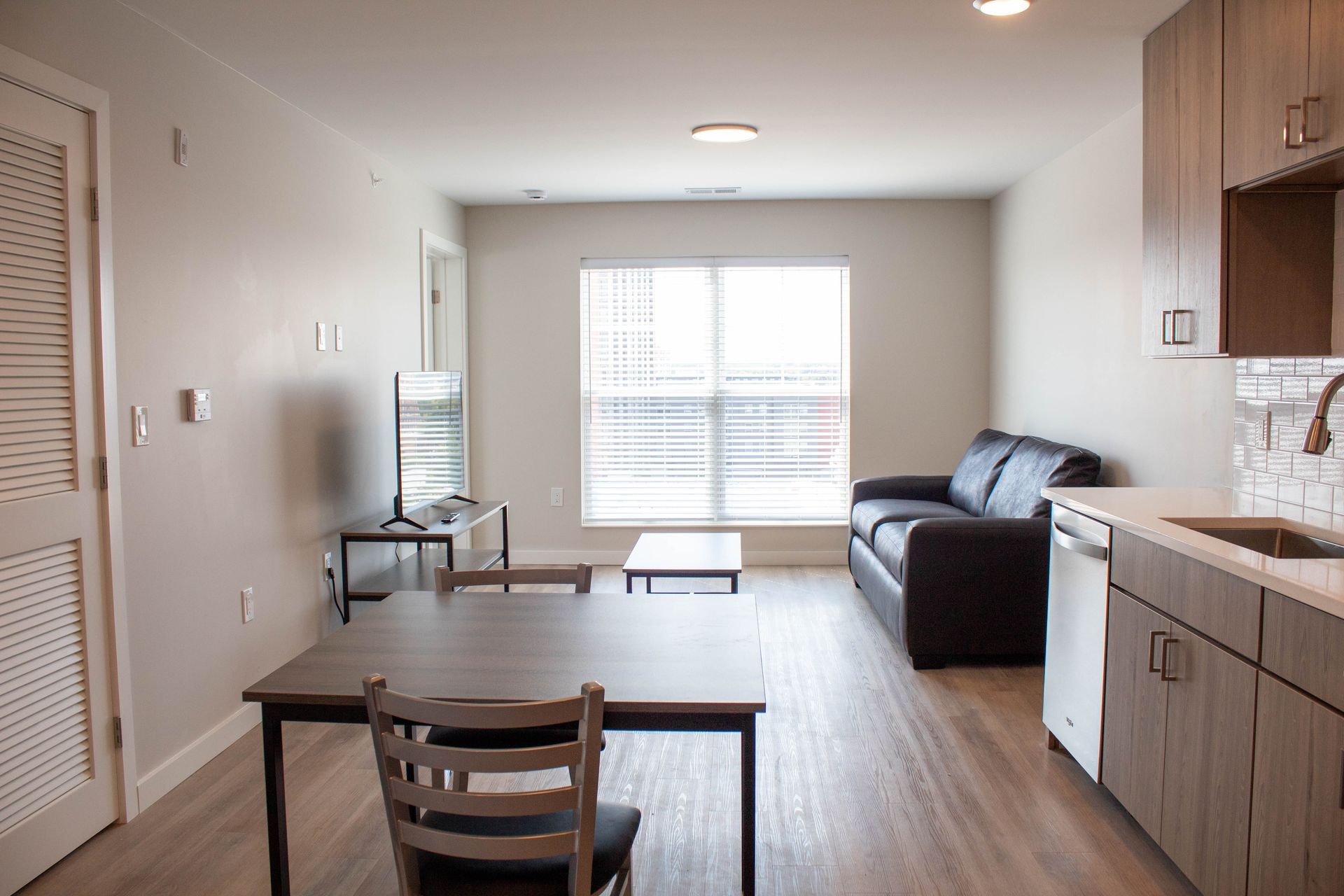 Interior of an apartment: dining area, kitchen, living room with a sofa and TV.