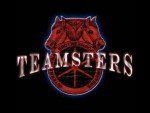 A teamsters logo with two horses and a wheel on a black background.