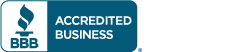 BBB Accredited Business seal with a blue background and a stylized torch.