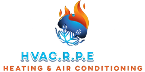 Logo of HVAC.R.P.E., featuring a flame-ice graphic, blue text, and orange tagline "Heating & Air Conditioning".