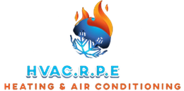 Logo of HVAC.R.P.E., featuring a flame-ice graphic, blue text, and orange tagline "Heating & Air Conditioning".
