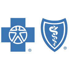 Two blue logos: a cross with a person inside a circle, and a shield with a staff and snake.