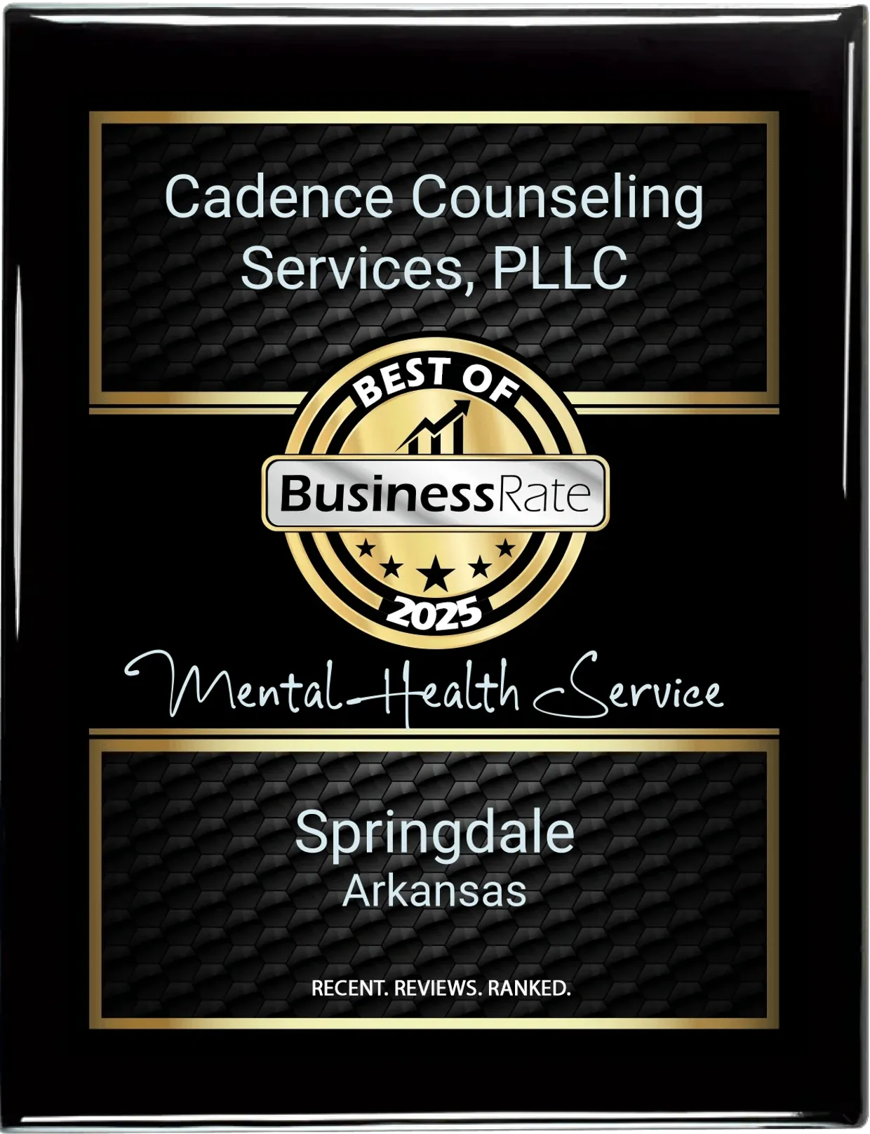 Award plaque for Cadence Counseling Services, 