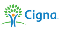 Cigna logo: tree with human figure inside; blue text 