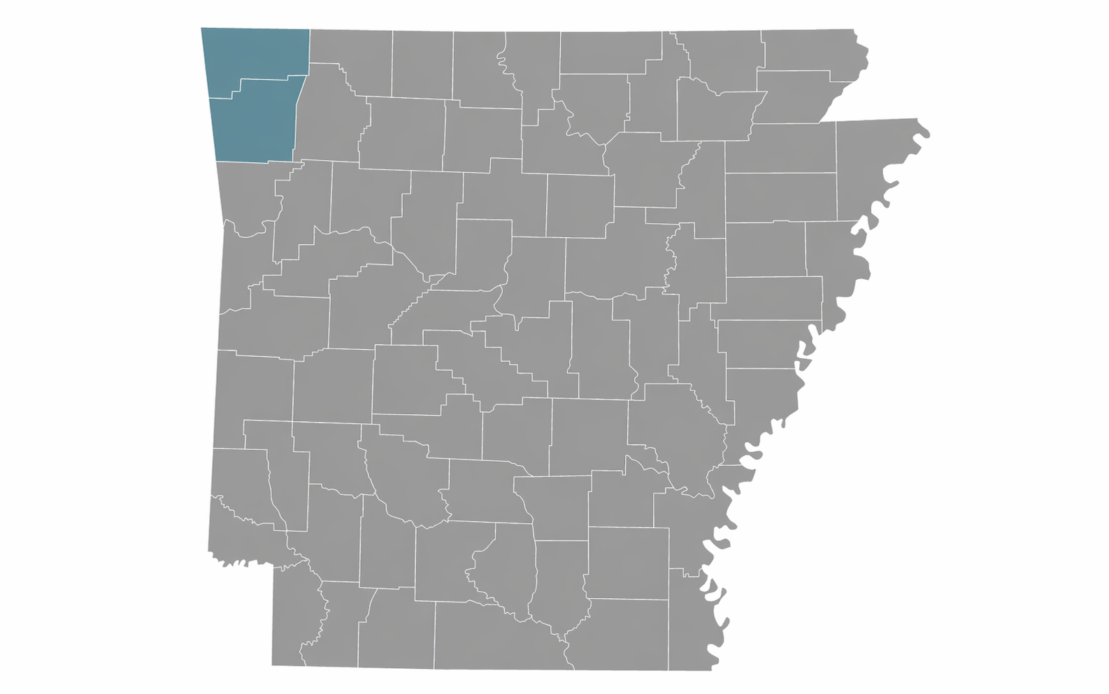 Gray map of Arkansas with counties outlined, northwest corner highlighted in blue.