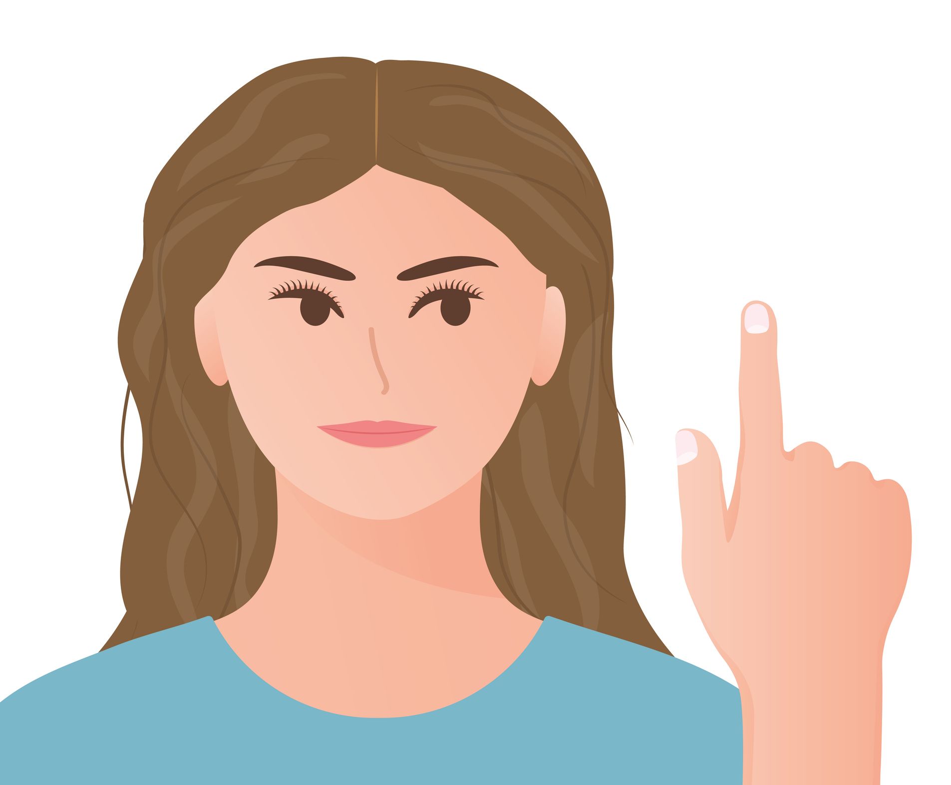 Woman pointing upwards with index finger.