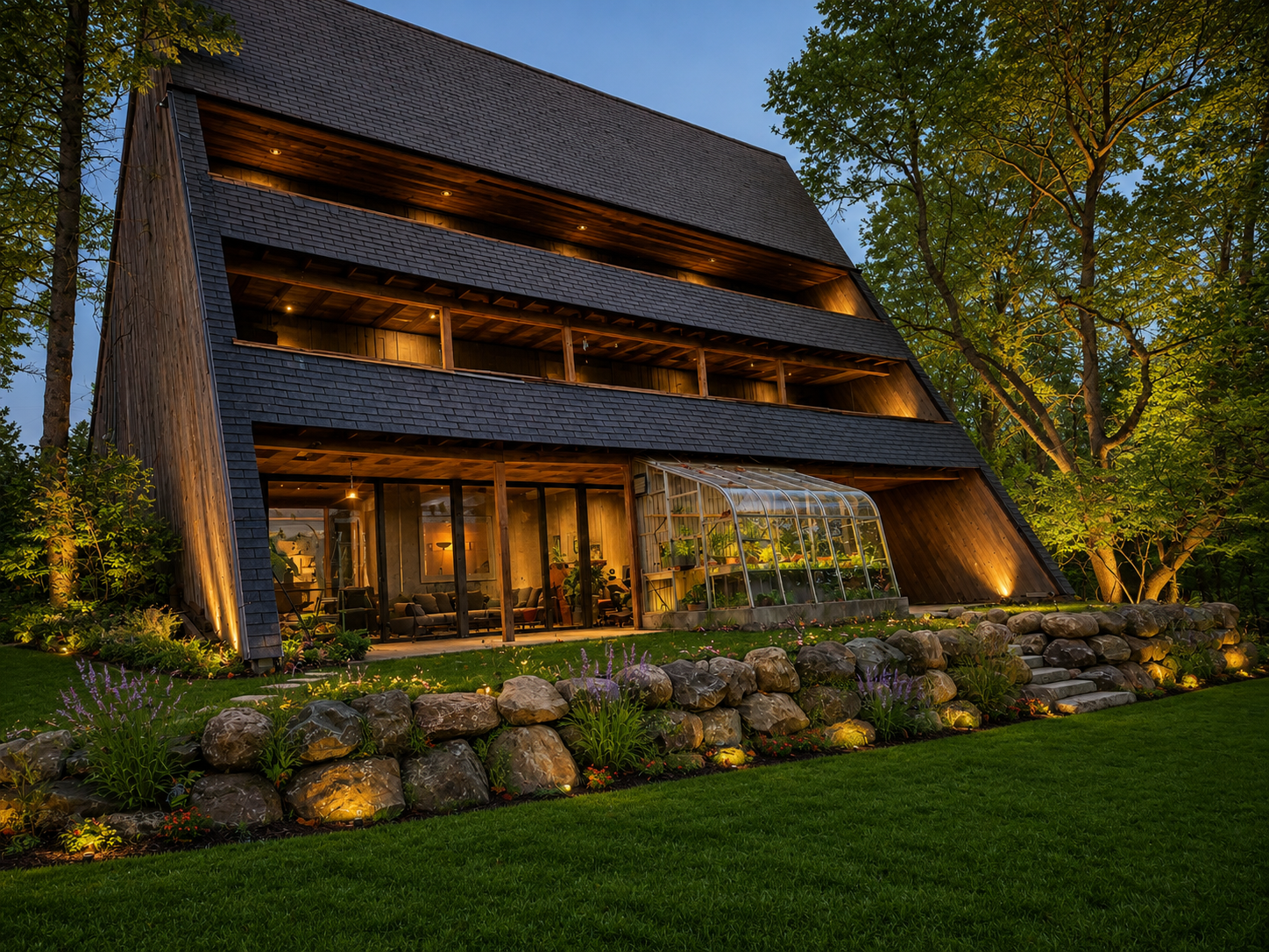 Modern multi-story house with warm lights, stone foundation, and large trees at dusk