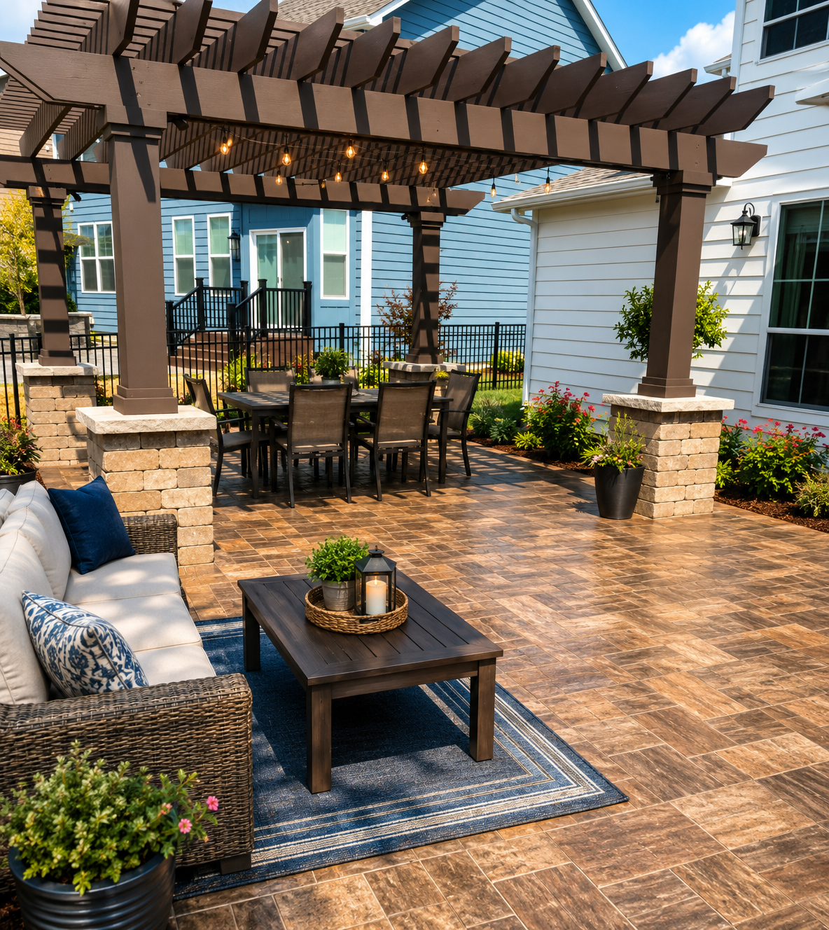 Outdoor patio with pergola, wicker seating, and dining table on a brick-patterned terrace
