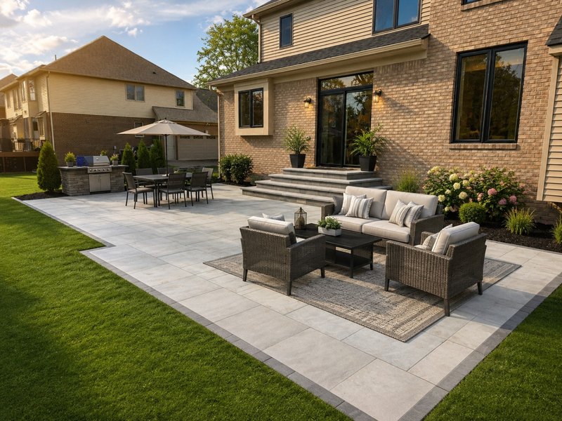 Modern brick patio with wicker seating, dining table, and lawn in a landscaped backyard