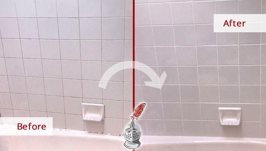 Before and after image showing a clean caulk line sealing a bathroom tile joint.
