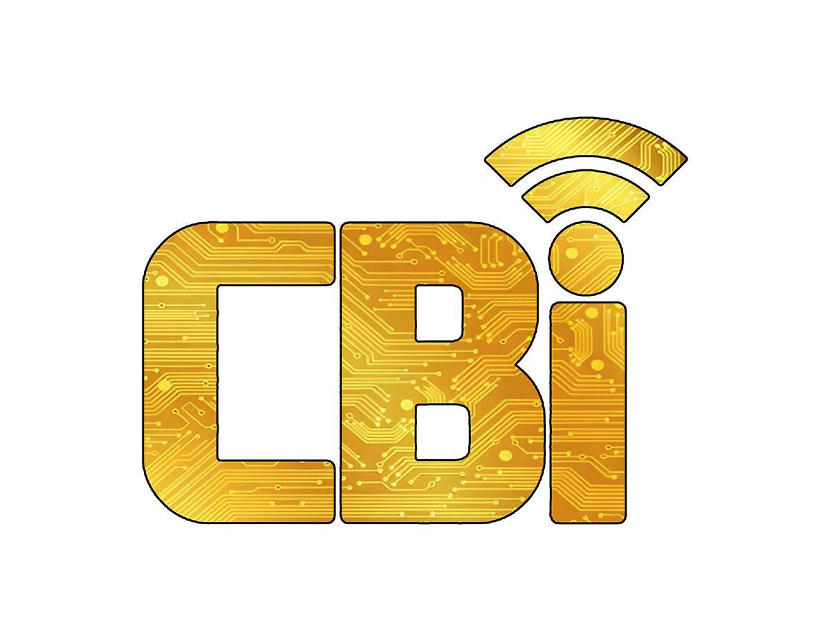 A gold logo with a wireless signal on a white background.