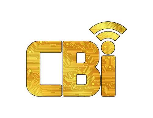 A gold logo with a wireless signal on a white background.