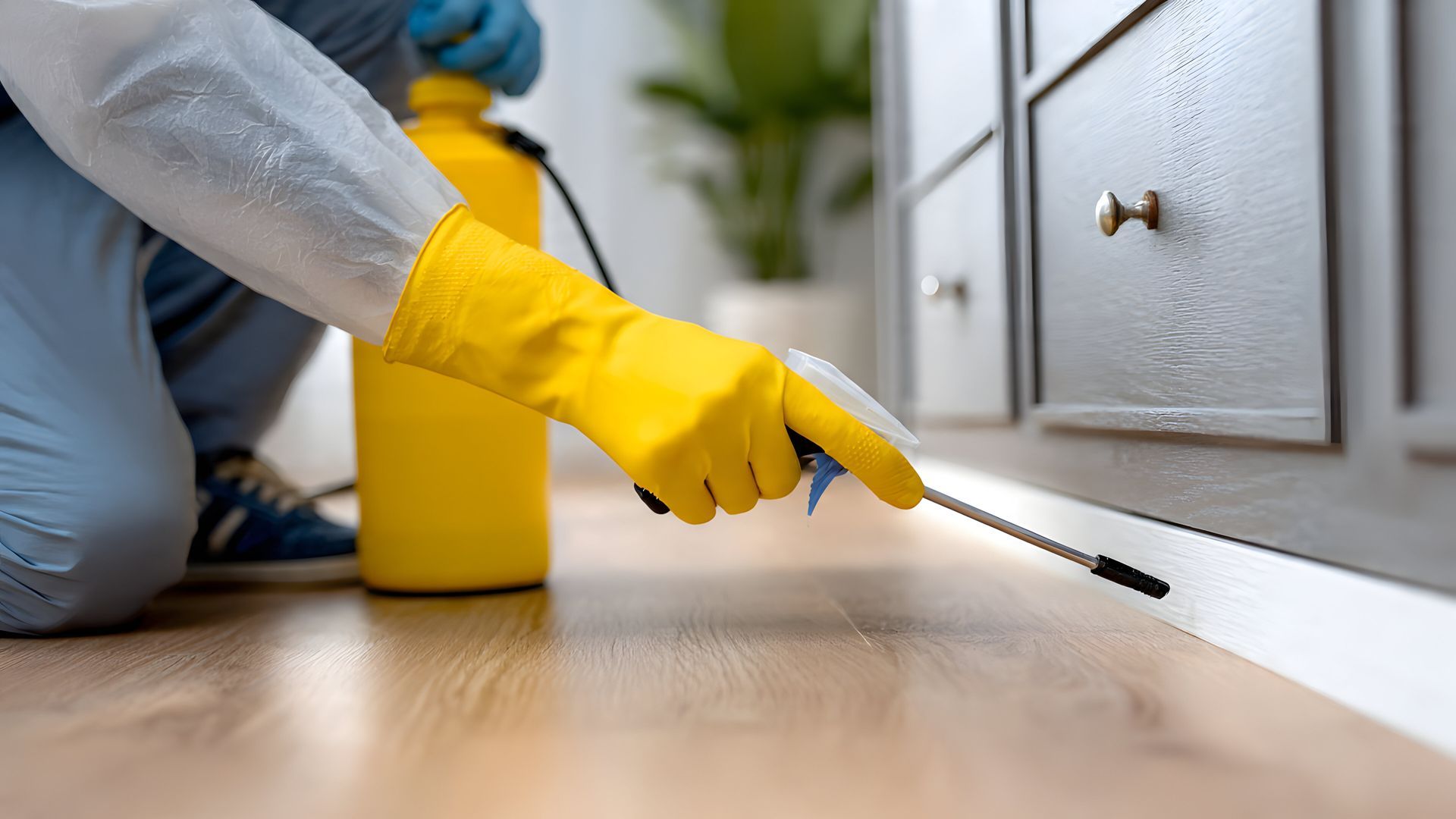 Person applying pest control spray along the base of a cabinet.
