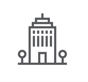 Office building icon with small trees on each side.