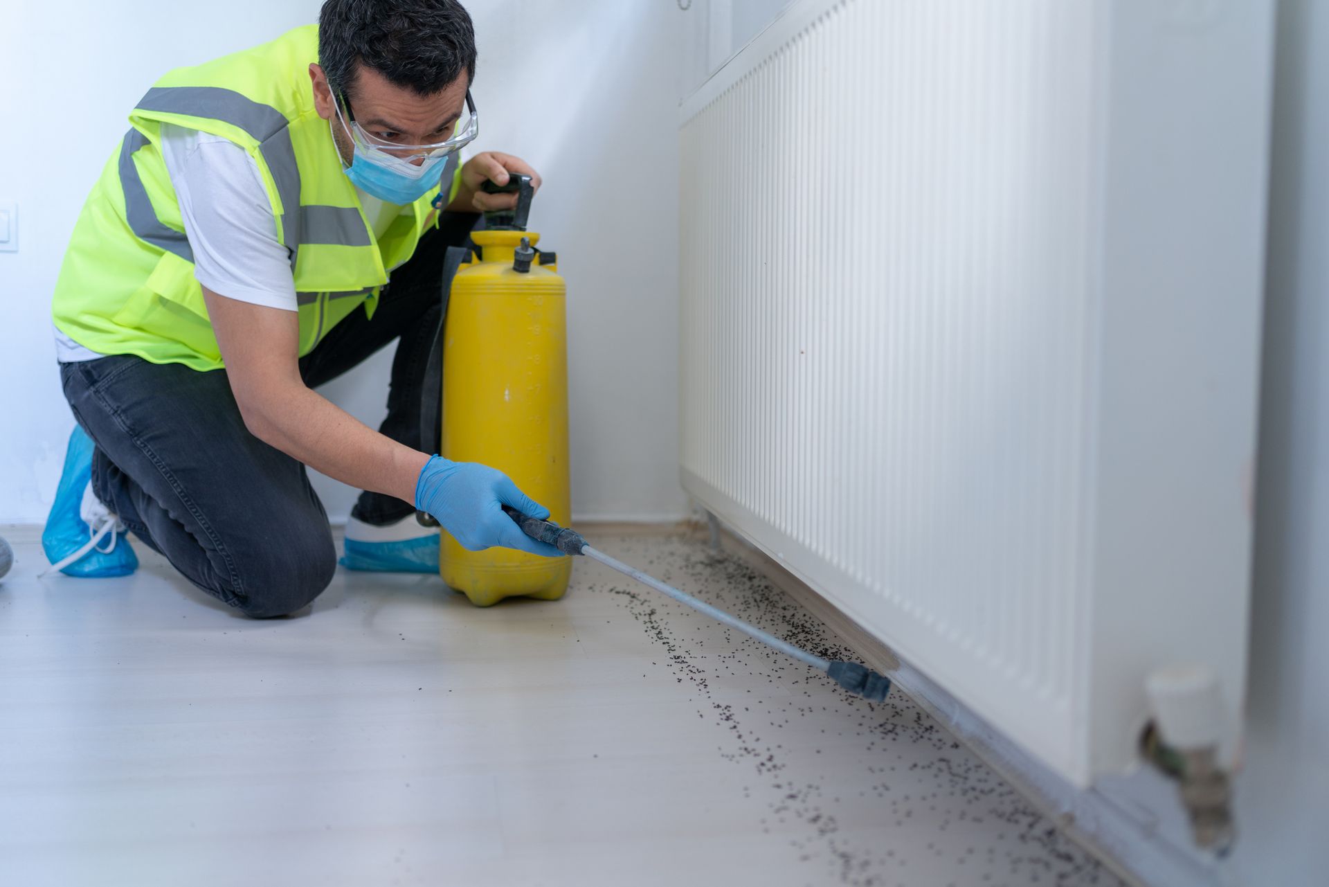 A male exterminator is spraying insecticide with a sprayer at a home.