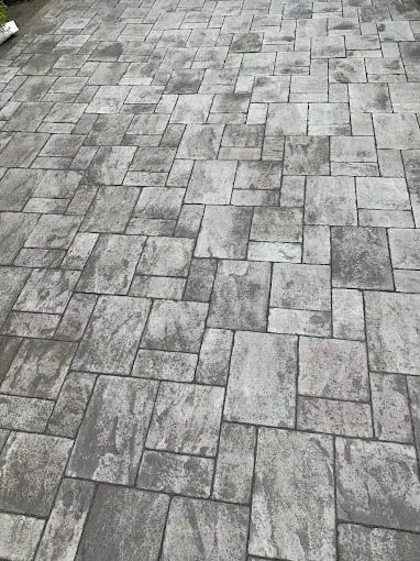 A black and white photo of a brick driveway.