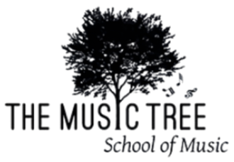 Logo of "The Music Tree School of Music": a tree silhouette with musical notes, black text on white background.