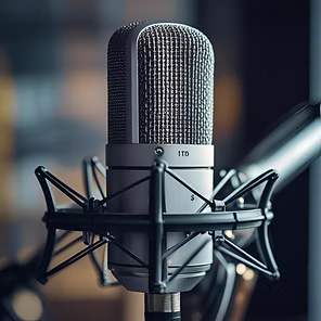 Studio condenser microphone in a shock mount against a blurred background