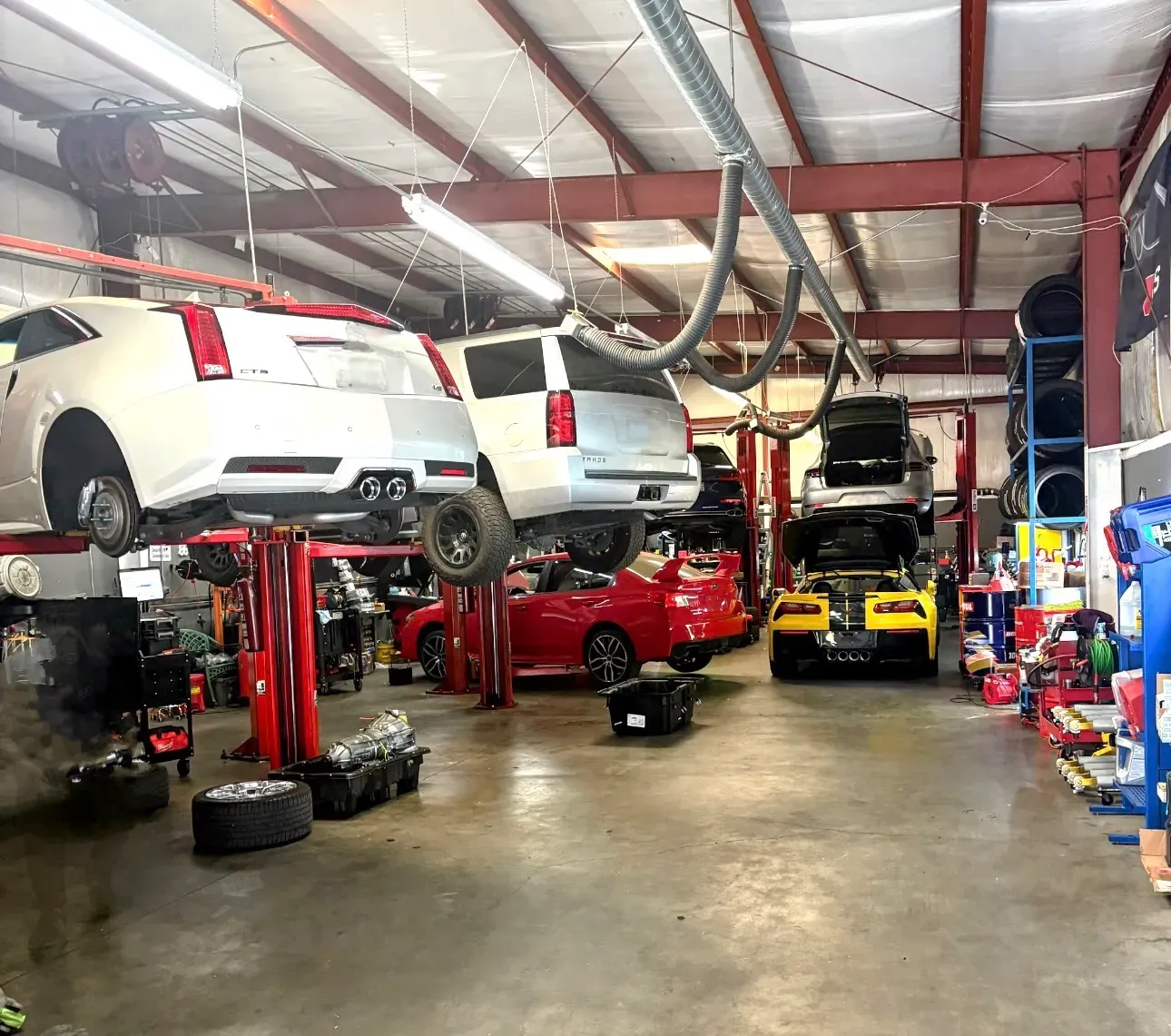 White vehicles on lifts inside of our garage | Platinum Motors Martinez
