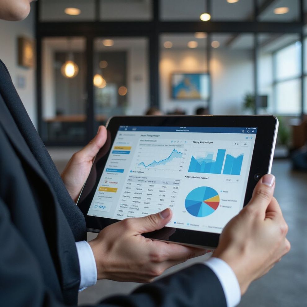 Businessperson in suit holds tablet displaying charts and graphs in an office setting.