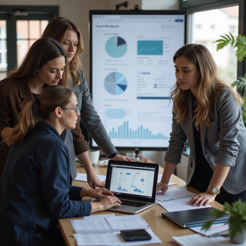 Four businesswomen reviewing charts at a table, using a laptop and a large screen in an office.