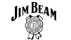 The jim beam logo is black and white and has a ribbon around it.