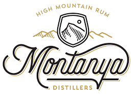 A logo for high mountain rum distillers with mountains in the background.
