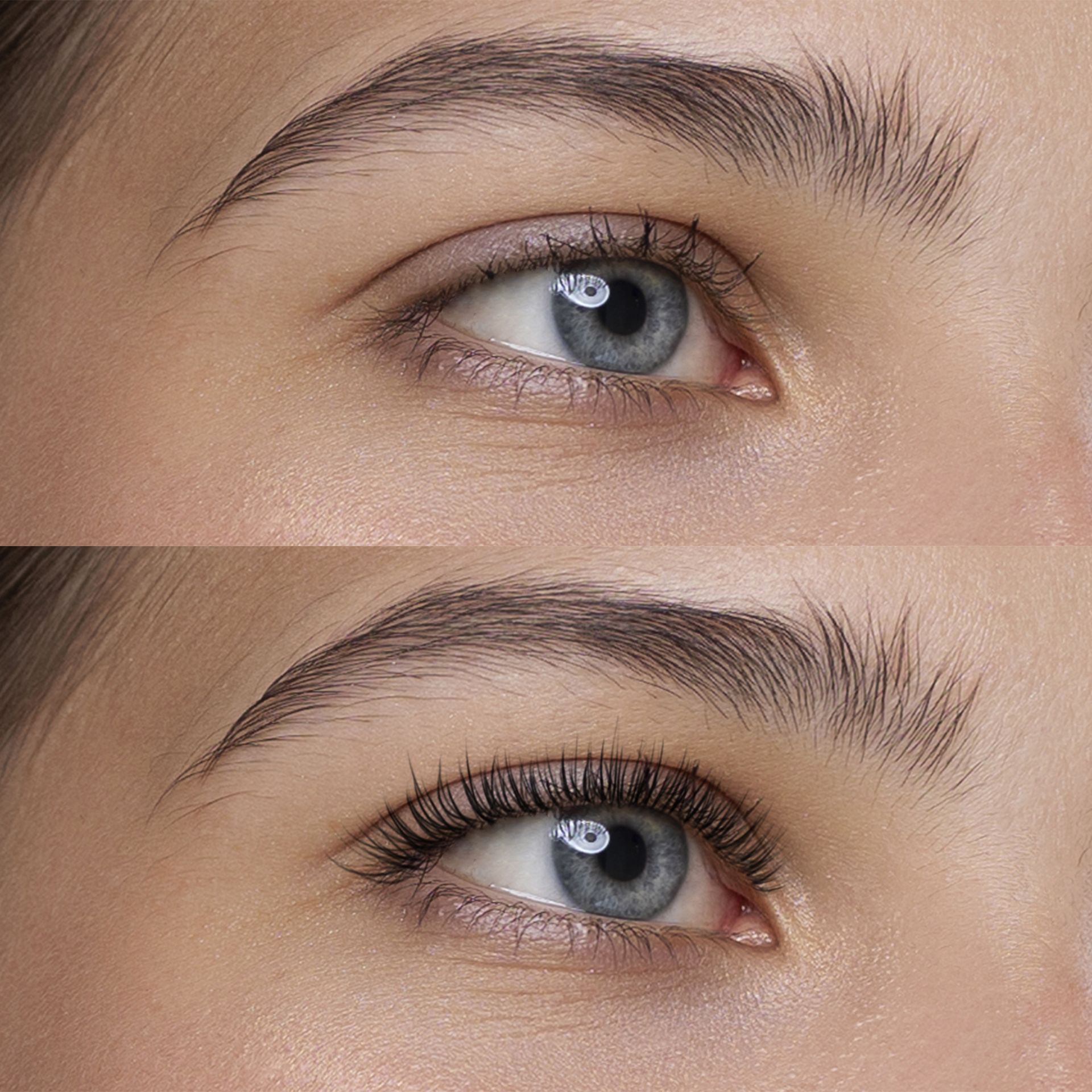 A before and after picture of a woman 's eye with and without mascara