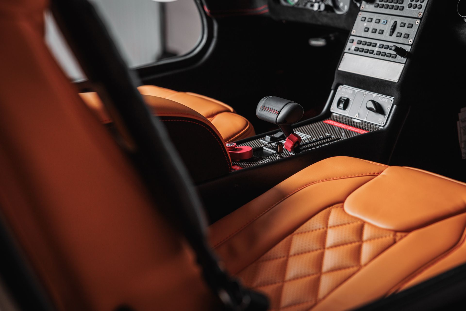 Interior of a small airplane, leather seats