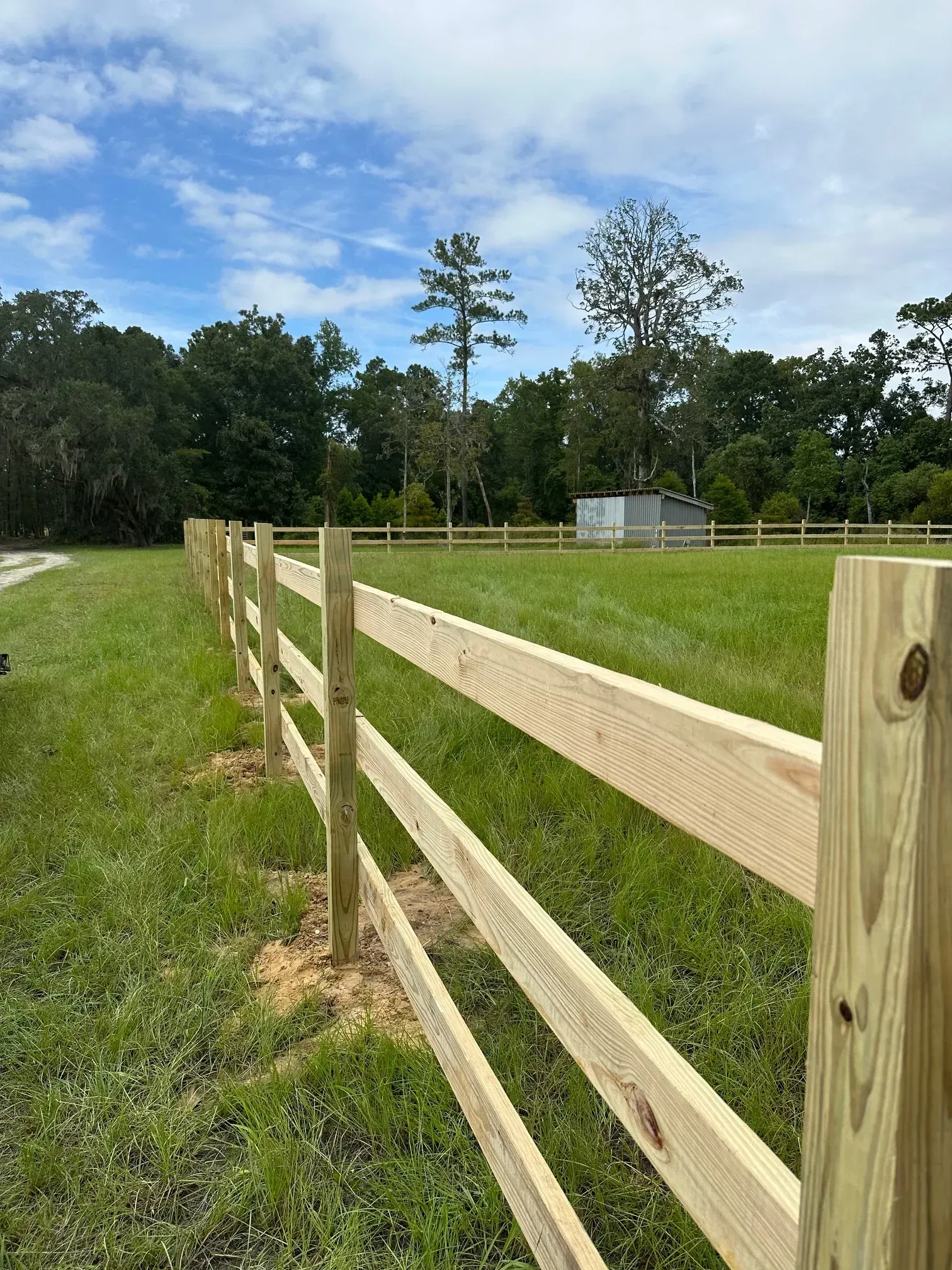 Wooden split-rail fence in a grassy field under a cloudy sky, trees in the background.