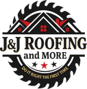 Logo for J&J Roofing, circular design with saw blade edges, a house illustration, text "J&J Roofing and MORE", stars, and slogan.