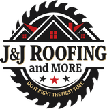 Logo for J&J Roofing, circular design with saw blade edges, a house illustration, text "J&J Roofing and MORE", stars, and slogan.