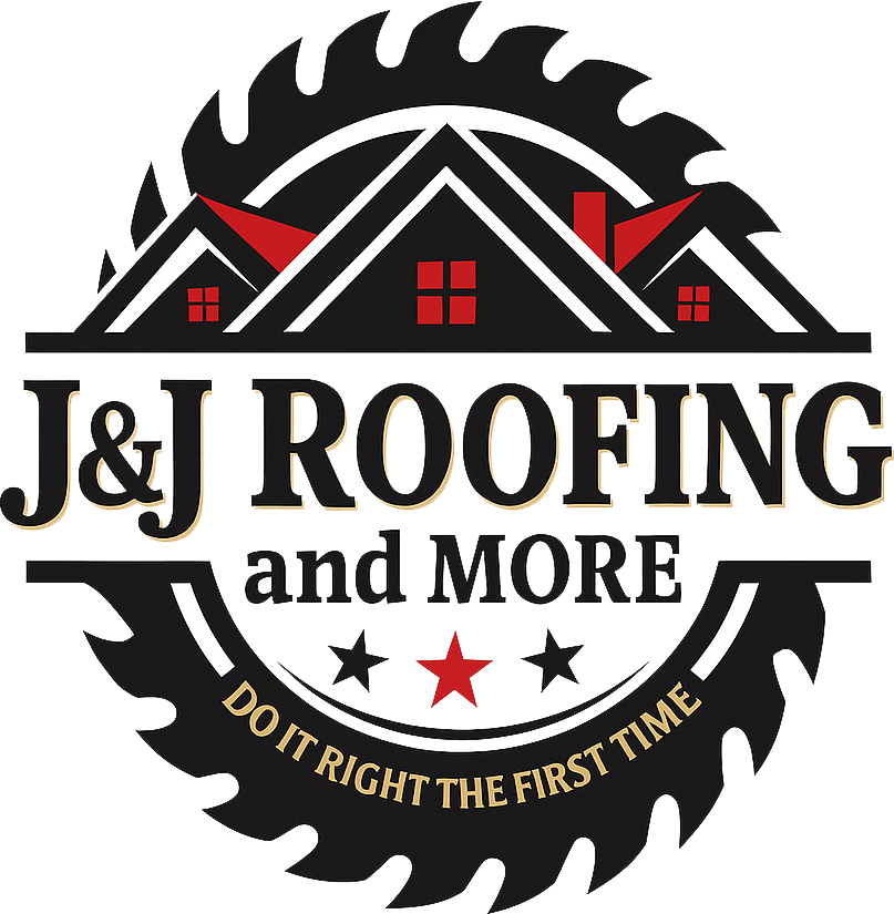 Logo for J&J Roofing, circular design with saw blade edges, a house illustration, text "J&J Roofing and MORE", stars, and slogan.
