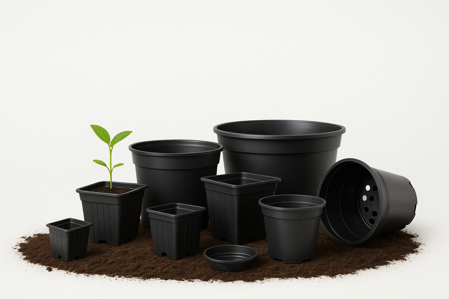 Person's hand planting a plant in dark soil inside a green pot.