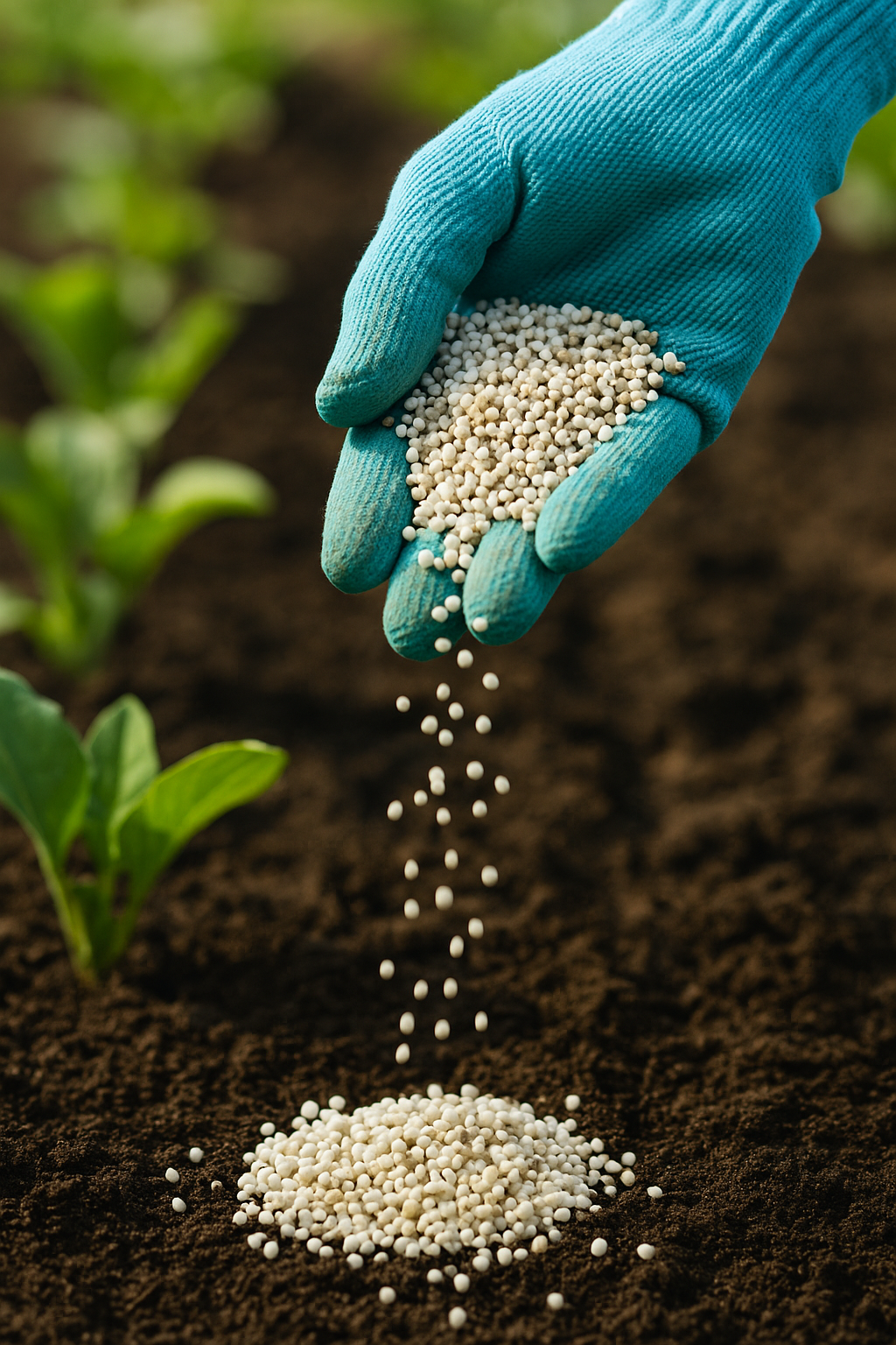 A gloved hand sprinkles granular fertilizer onto dark soil near young plants.