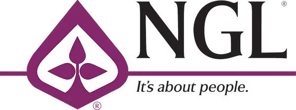 Logo for NGL. Purple diamond shape with a design inside and NGL in black. 