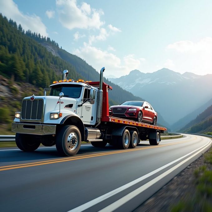 Tow truck hauling a red car on a mountain road. White truck, green trees, and blue sky.