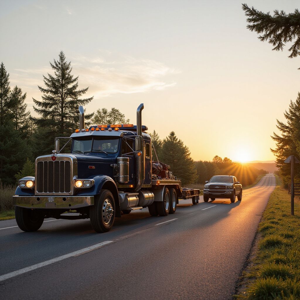 Semi-truck and pickup truck driving down a road at sunset.