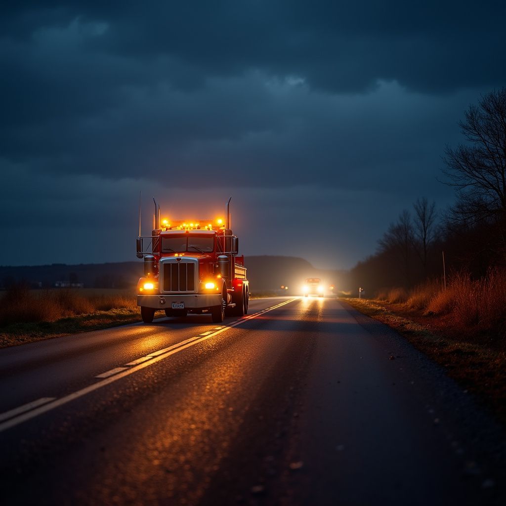 A red semi-truck drives on a dark road with headlights and amber lights on. Cloudy night scene.