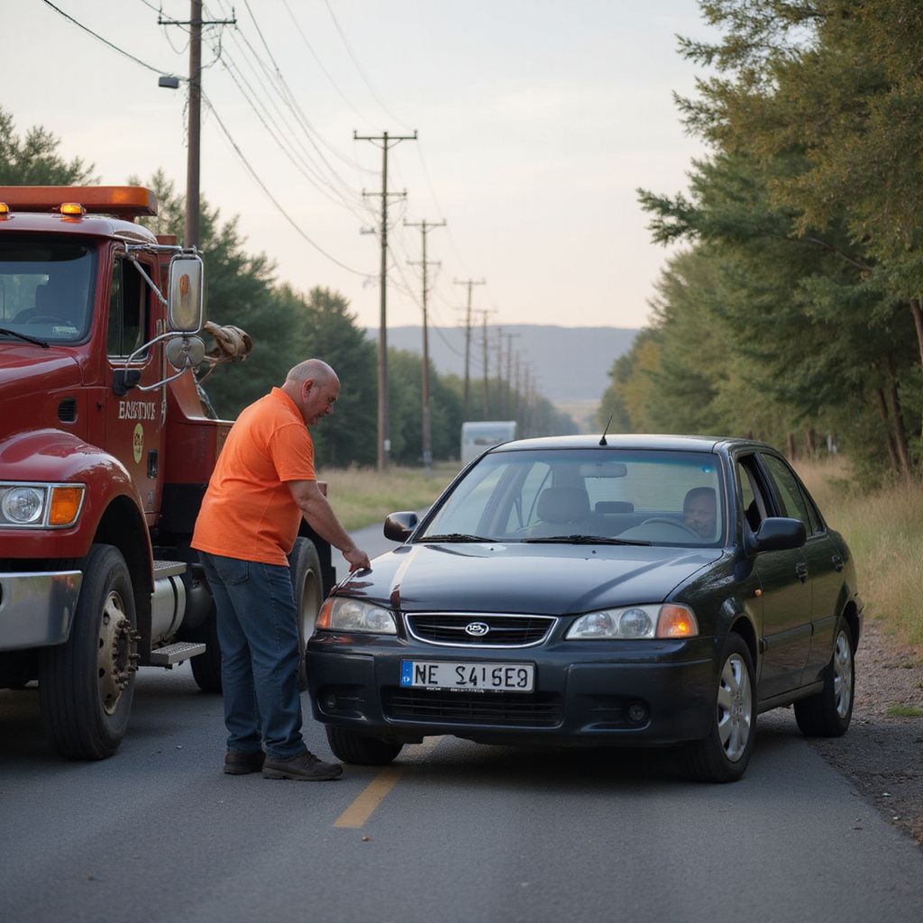 Tow truck driver assesses a dark sedan on a rural road. The driver wears orange and stands by the car's hood.
