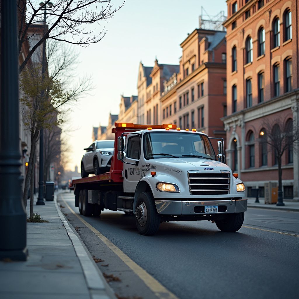 Tow truck carrying a white car down a city street lined with brick buildings.