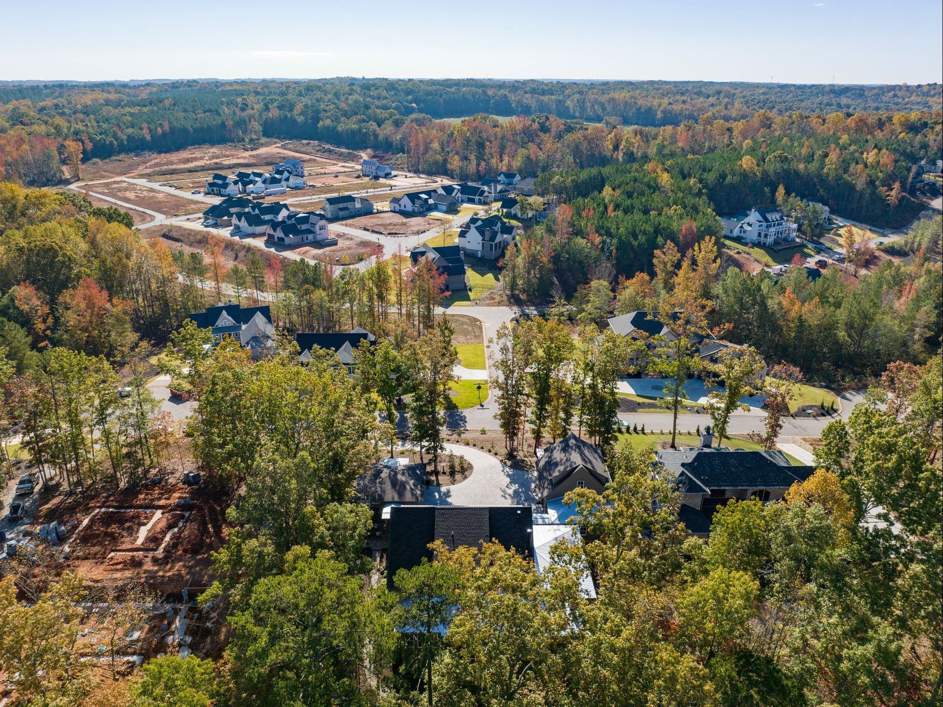 An aerial view of a residential area surrounded by trees and houses.