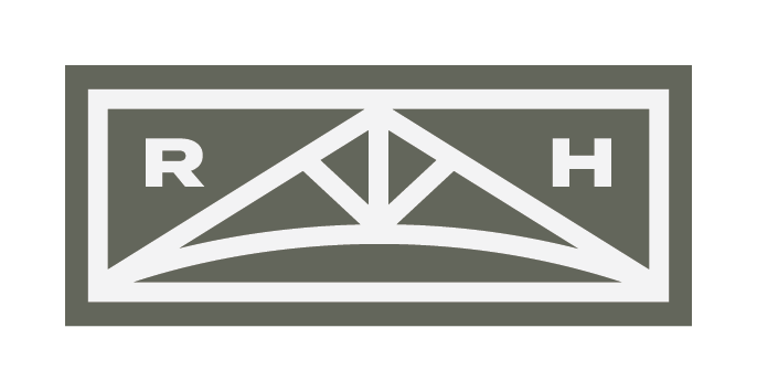 A logo for a company called r & h with a bridge in the middle.