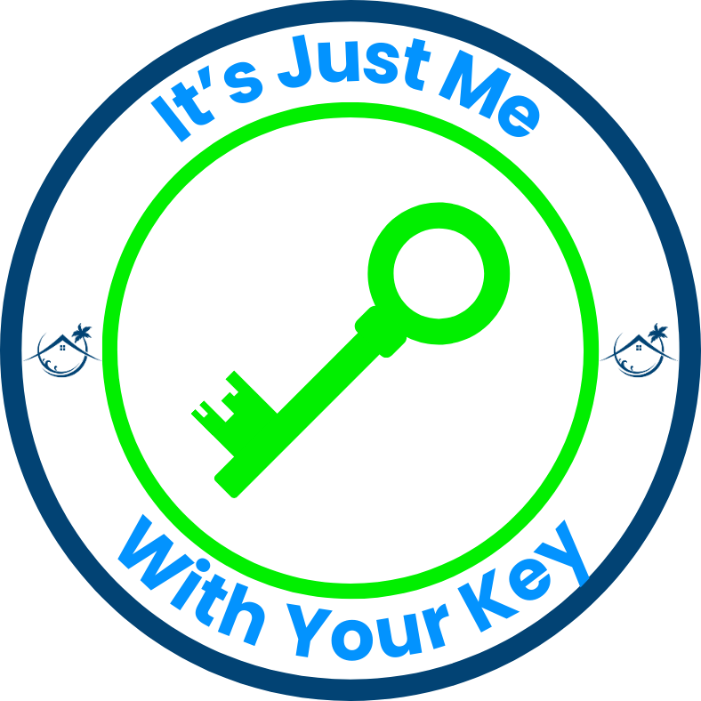 A green key in a blue circle that says it 's just me with your key