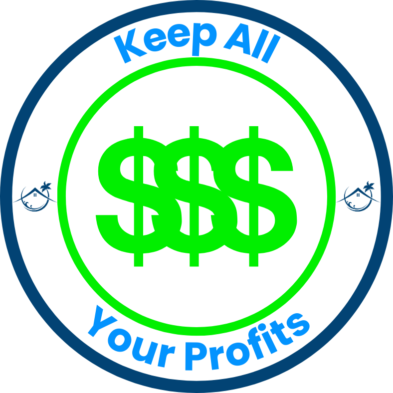 A sticker that says keep all your profits with a dollar sign in the center